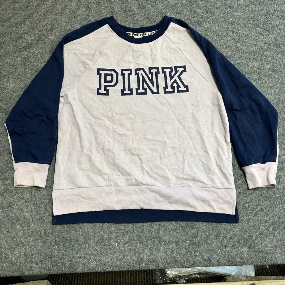 PINK Sweatshirt Womens Size M Navy Purple Colorblock Raglan Logo Pullover